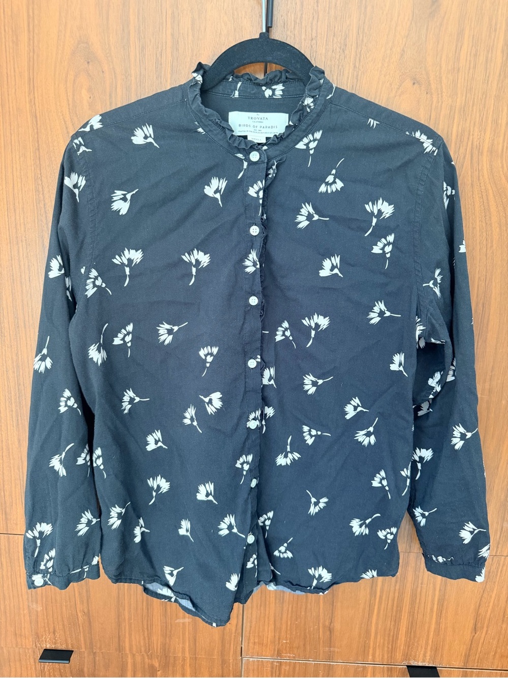 Black ruffle collar button-up blouse with White Print